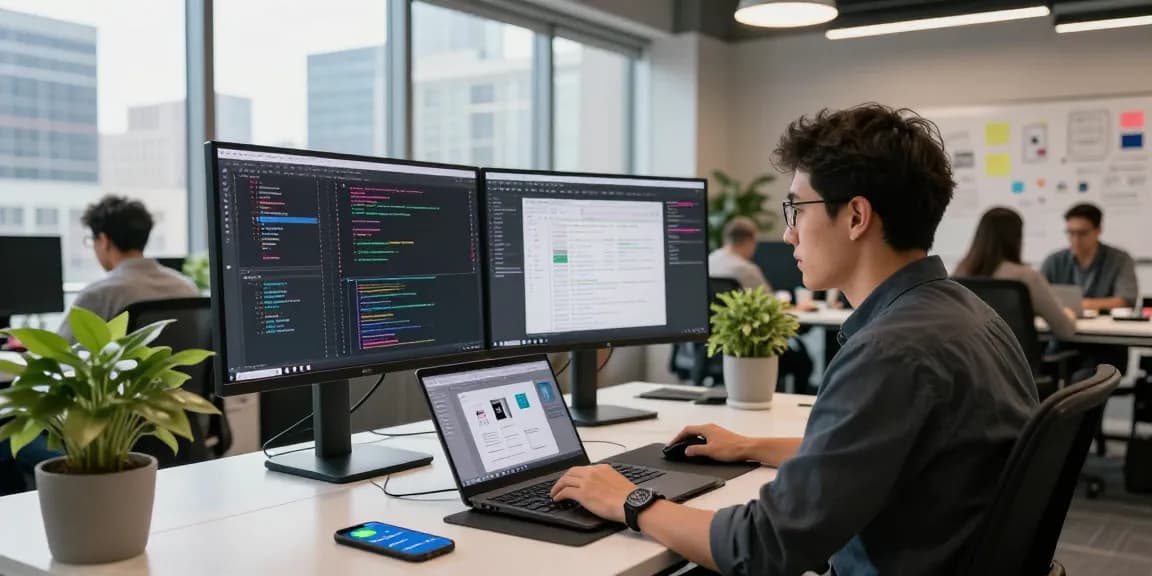 OpenClaw AI assistant integrated into a modern tech workspace with a developer working on code and design.