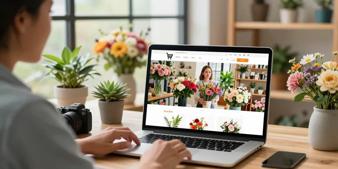 A vibrant online flower shop with MODALWD floral arrangements, a customer enjoying a seamless shopping experience.