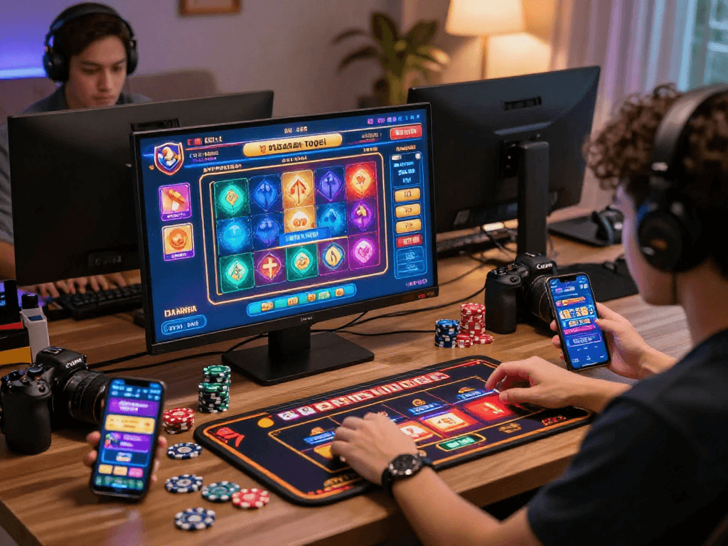 Engaged players exploring pasaran togel online through vibrant interfaces in a cozy home setup.