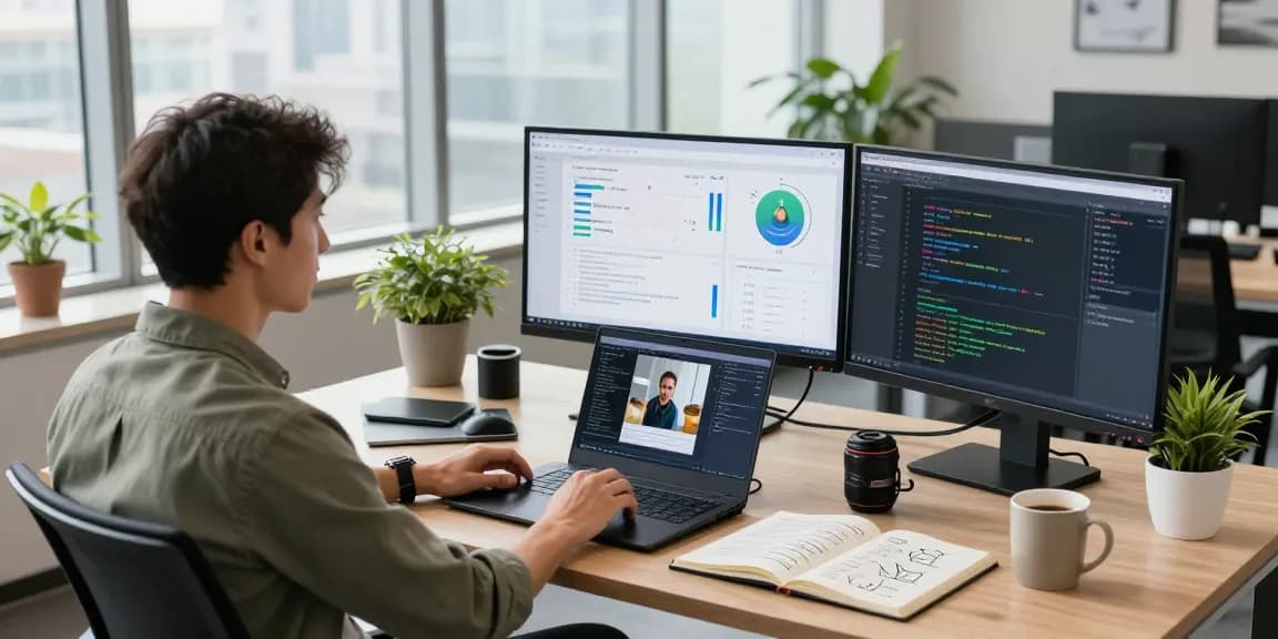 AI detector workspace with data analyst reviewing image analysis reports and monitoring AI content detection.