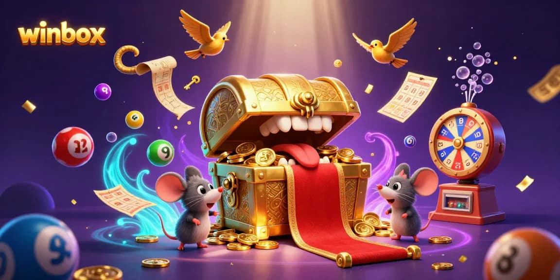 Winbox's captivating 3D illustration showcases vibrant lottery elements and enticing treasure, attracting adventurous players.