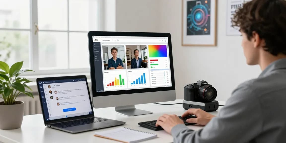 AI image detector interface displaying analysis results in a modern office.