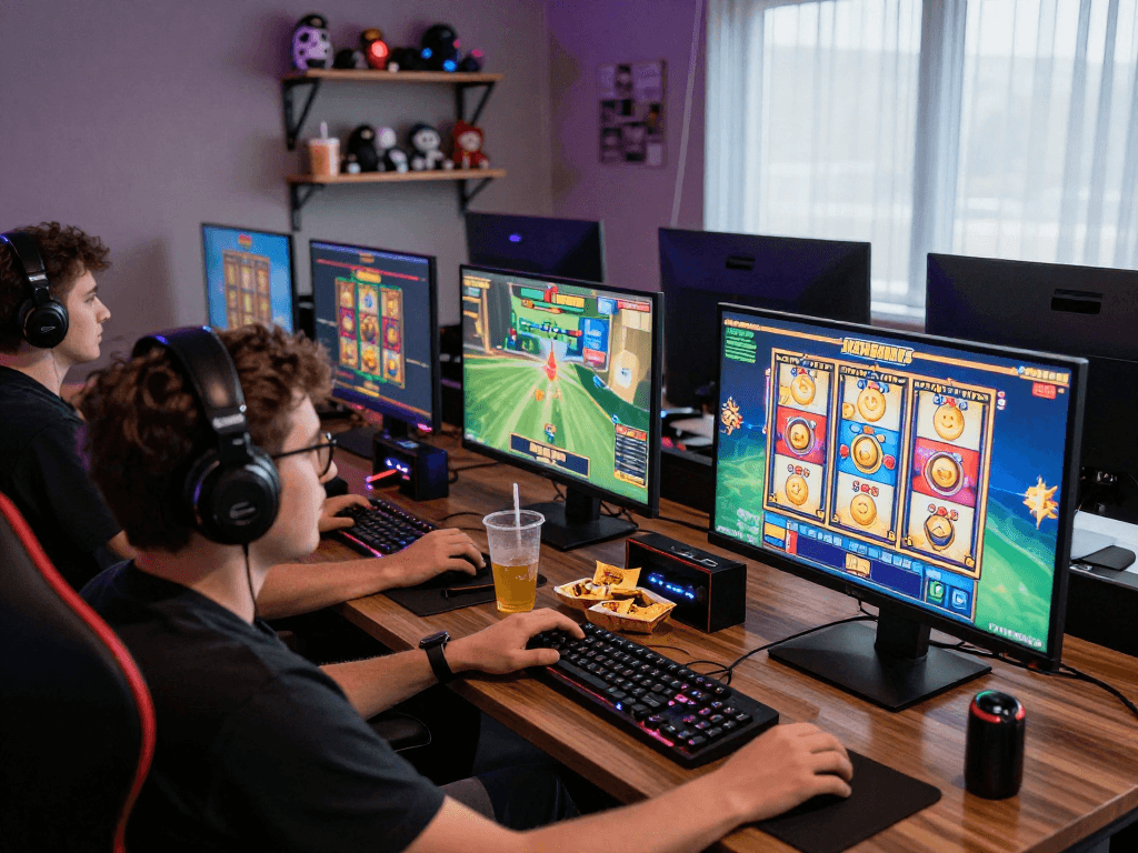 Players enjoying agen gacor online slots in a vibrant gaming atmosphere with immersive technology