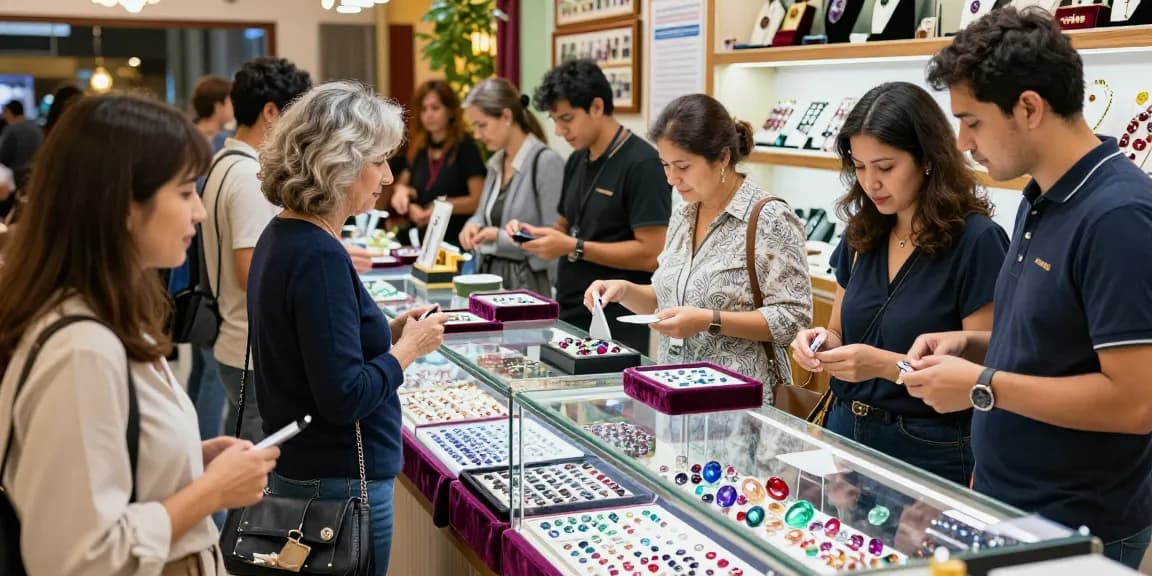 Shoppers exploring high-quality gemstones at https://www.mygemspot.com in a vibrant marketplace setting.