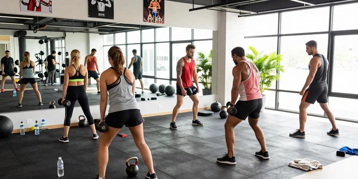 Engaged bodybuilders training at Deus Medical Shop environment, showcasing teamwork and intense workouts with gym equipment.