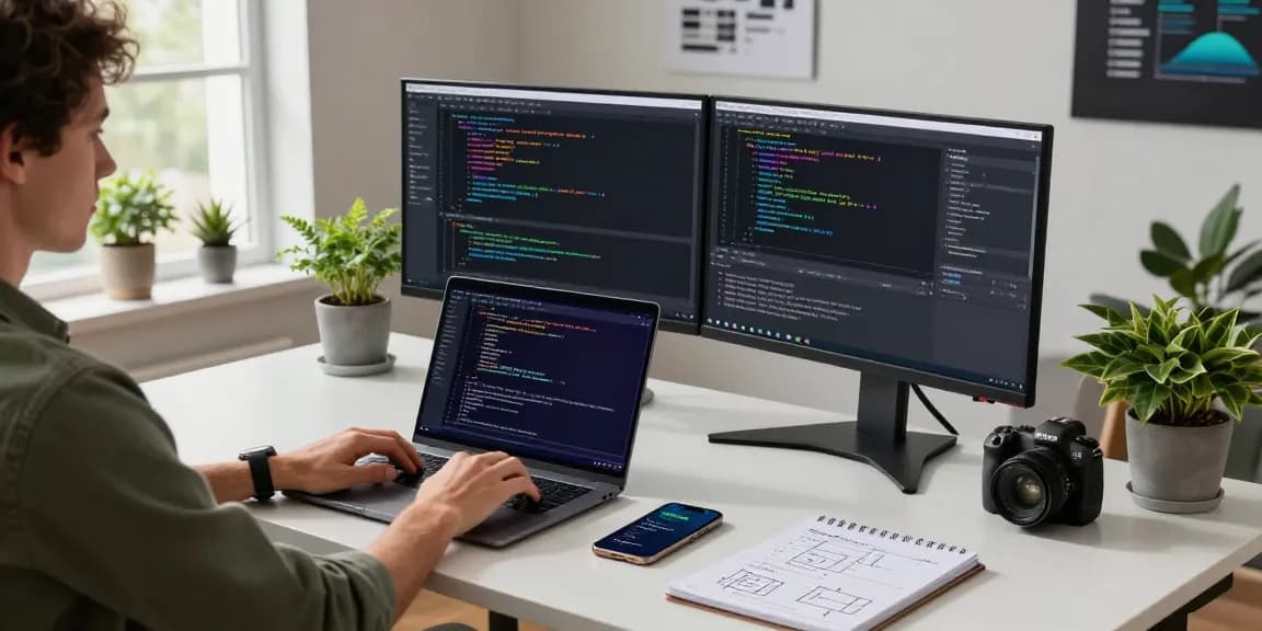 raja328 software developer coding at a modern workspace with dual monitors and creative tools