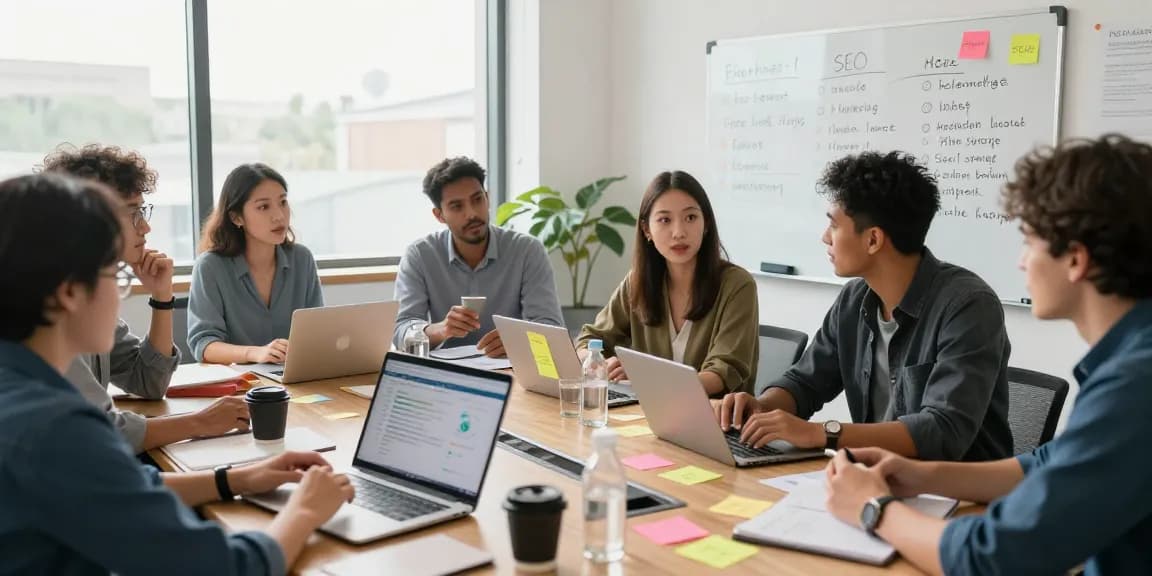Collaborative marketing team discussing strategies for improving Homge page links for boost in a bright office environment.