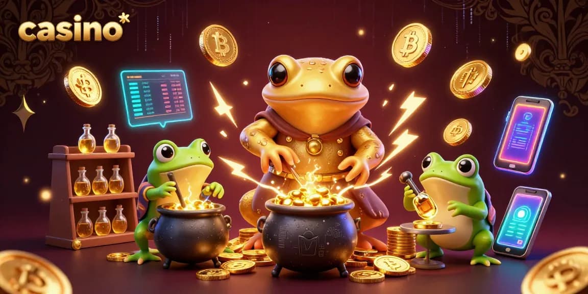 Engaging casino scene showcasing alchemist with gold coins, Bitcoin, and Ethereum elements.