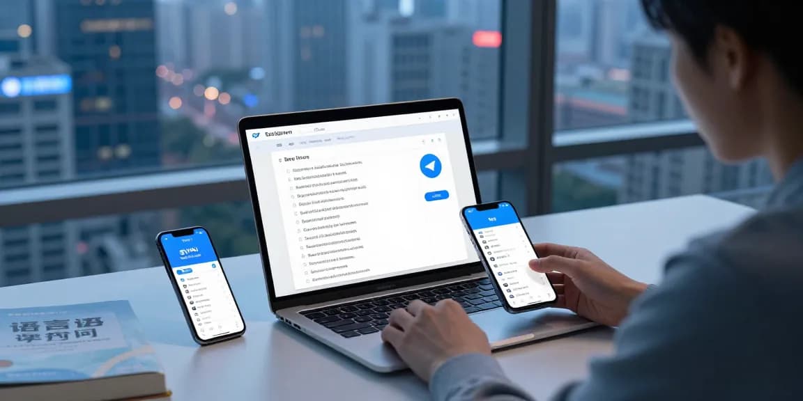 Exploring the telegram china app guide in a modern workspace focused on language settings and VPN configuration.