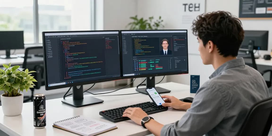 Innovative age verification system workspace with dual monitors, AI data on screens, and a professional atmosphere.