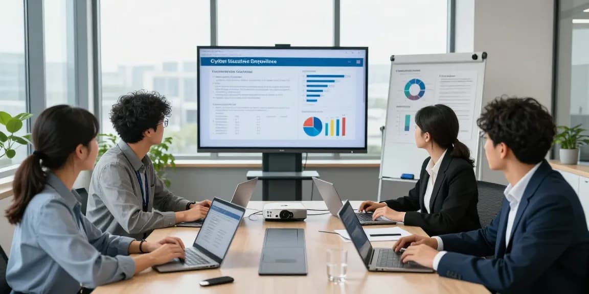 Cyber Essentials compliance meeting with diverse professionals discussing cybersecurity strategies in a modern office.