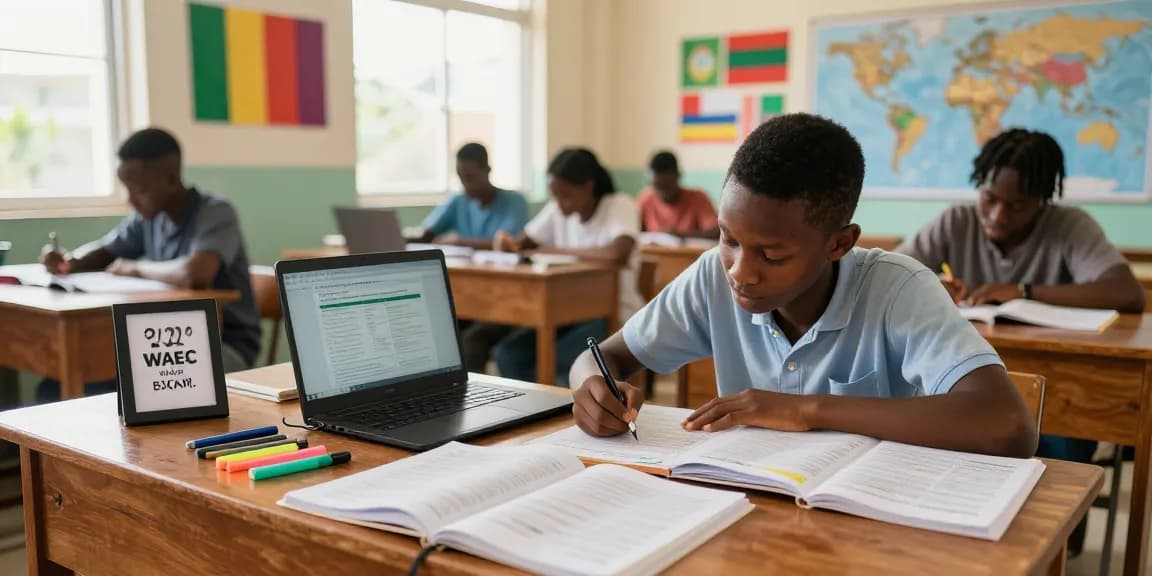 Focused student preparing for the 2026 WAEC runz in a bright classroom.