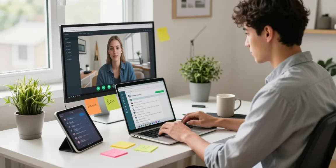A professional using WhatsApp網頁版 on a laptop in a bright home office.