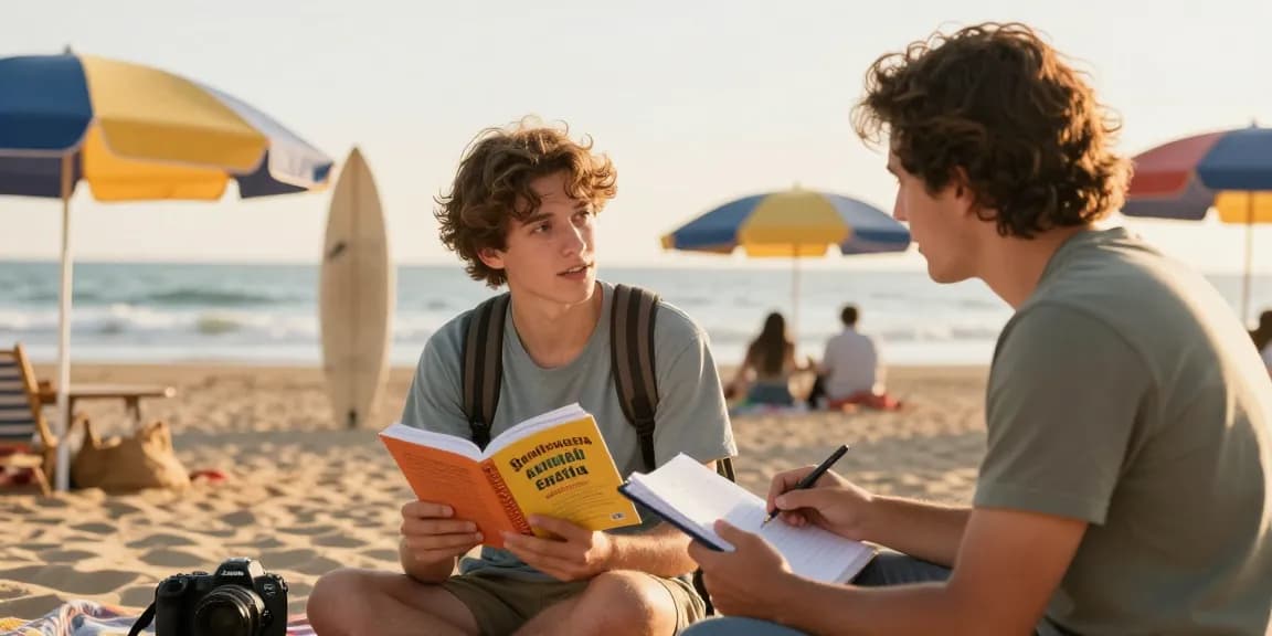 Corsi di spagnolo in Spagna, studenti che apprendono lo spagnolo con un tutor su una spiaggia panoramica.