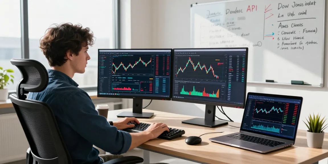 Visual representation of a developer using the Dow Jones index API in a modern finance tech workspace.