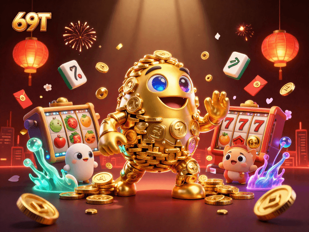 Jogue 69T com um golem dourado e símbolos de máquinas caça-níqueis em um mundo vibrante.