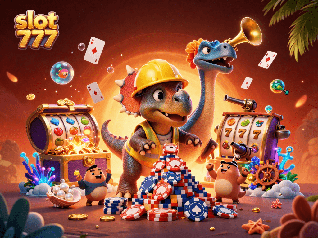 Engage with slot 777 as a 3D triceratops builds poker chips amid vibrant casino elements.