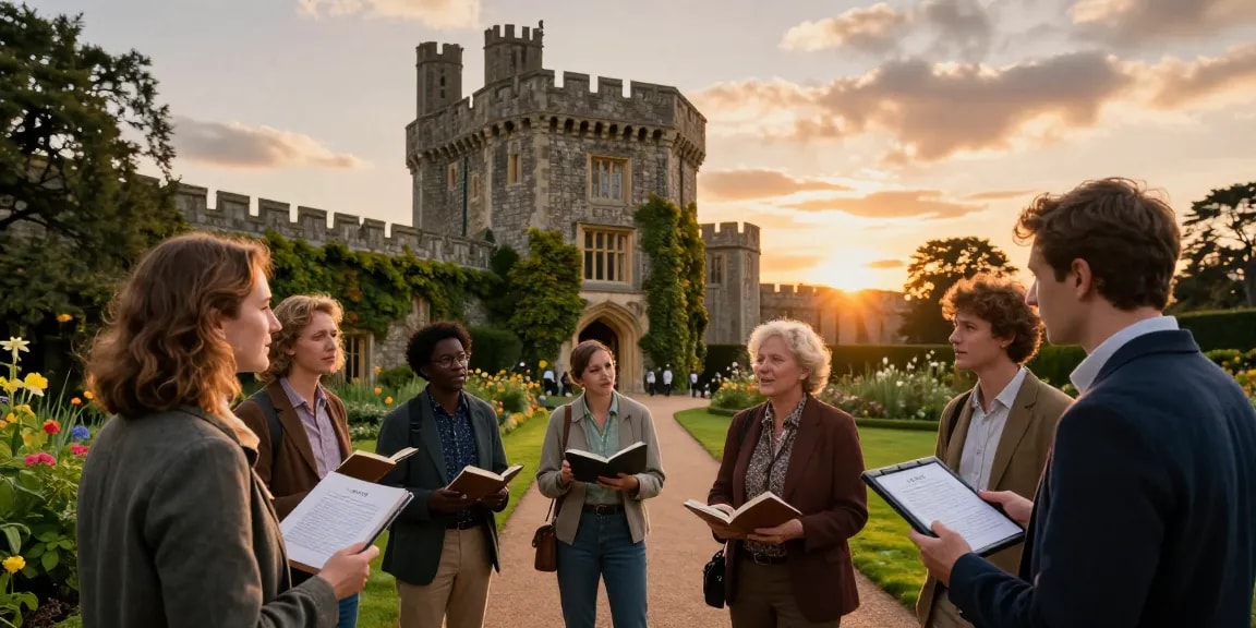 A group discussing Tynte's Castle at sunset, highlighting https://tyntescastle.com's historical significance.