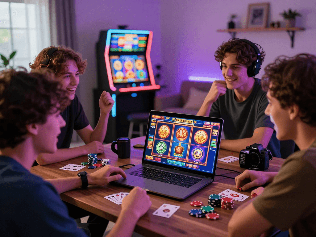 Group enjoying info slot games together in a vibrant gaming atmosphere.