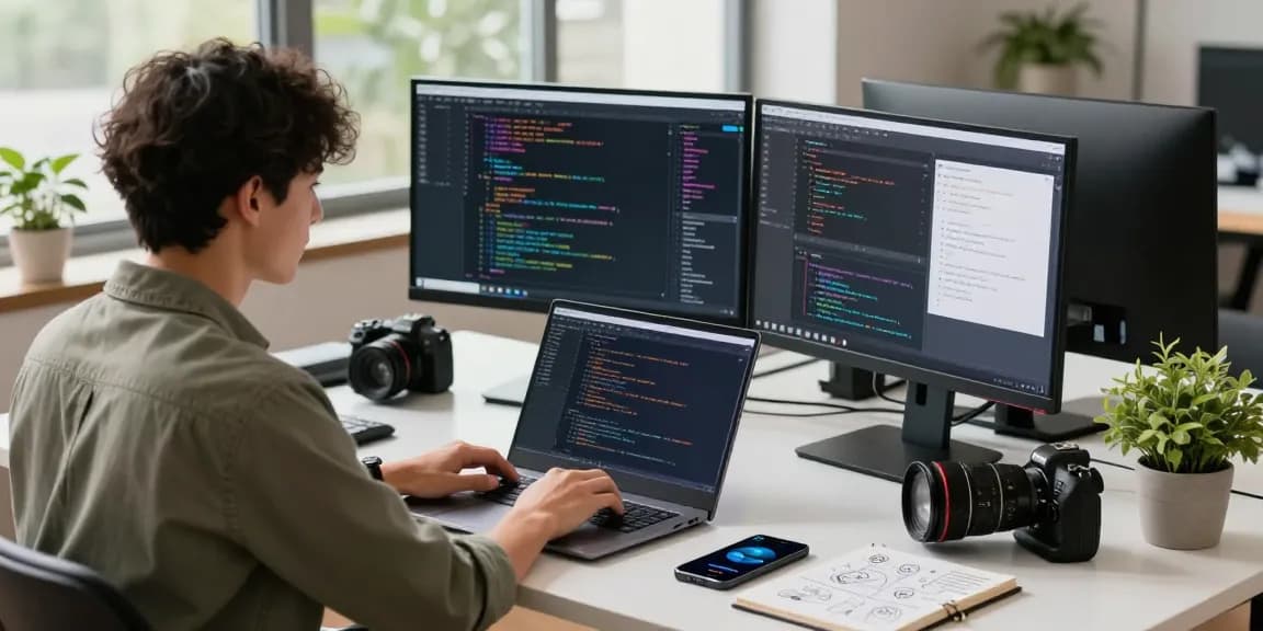 Engaged developer using 纸飞机中文版 on dual monitors in a modern workspace.