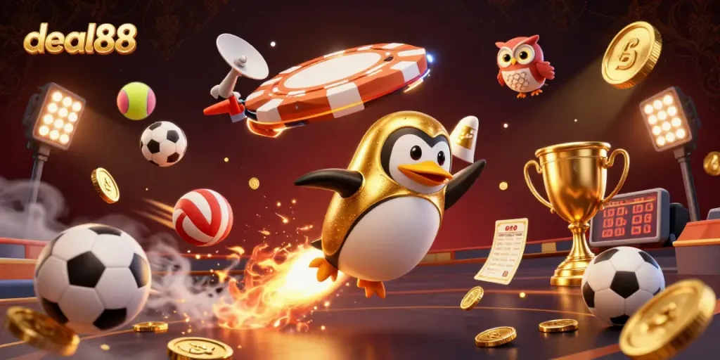 Engage with thrilling deal88 action as a golden penguin flies to a vibrant casino!
