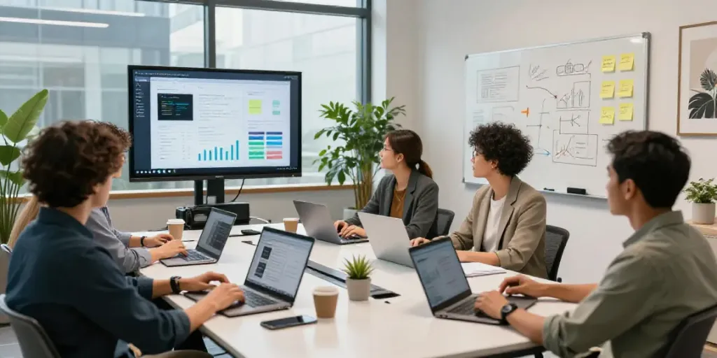 Collaborative team brainstorming an AI content creation service in a modern office.
