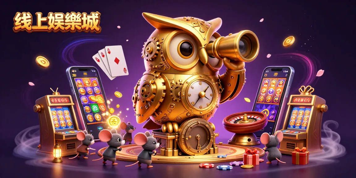 線上娛樂城中,黃金機械貓頭鷹與鼠子在賭場間穿梭,豐富的道具與畫面。