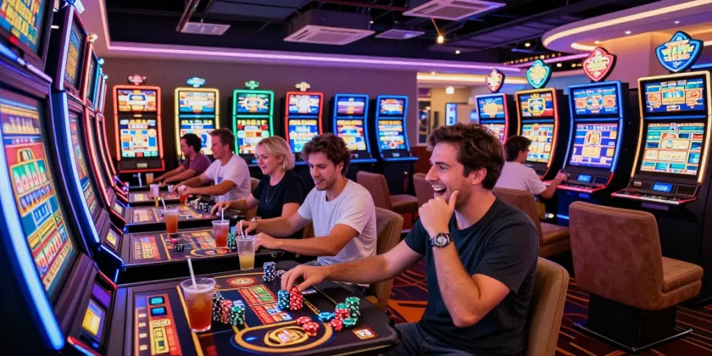 Pengalaman bermain di situs slot dengan pemain gembira di kasino.