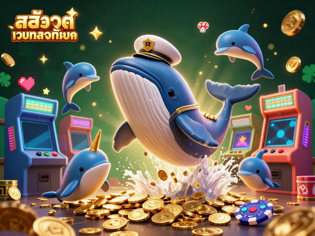 Experience สล็อตเว็บตรงทั้งหมด with a giant whale and playful dolphins in a vibrant casino scene!