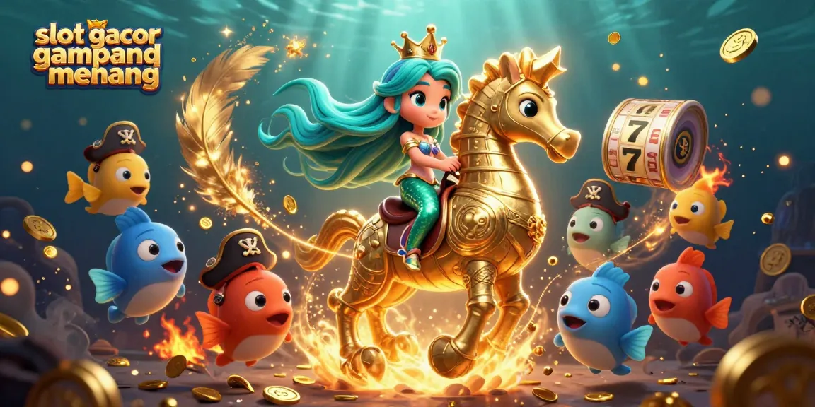 Slot gacor gampang menang diilustrasikan dengan karakter putri duyung 3D, kuda laut emas, dan permainan slot yang menawan.