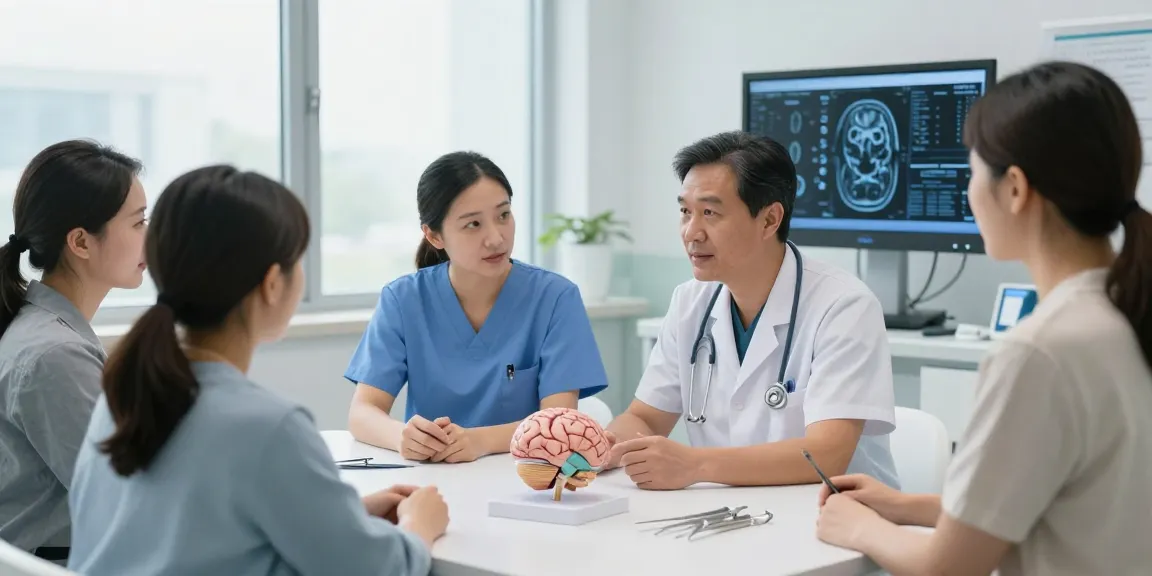 Beyin ameliyatı consultation in a modern hospital highlighting expert neurosurgeon with a patient.