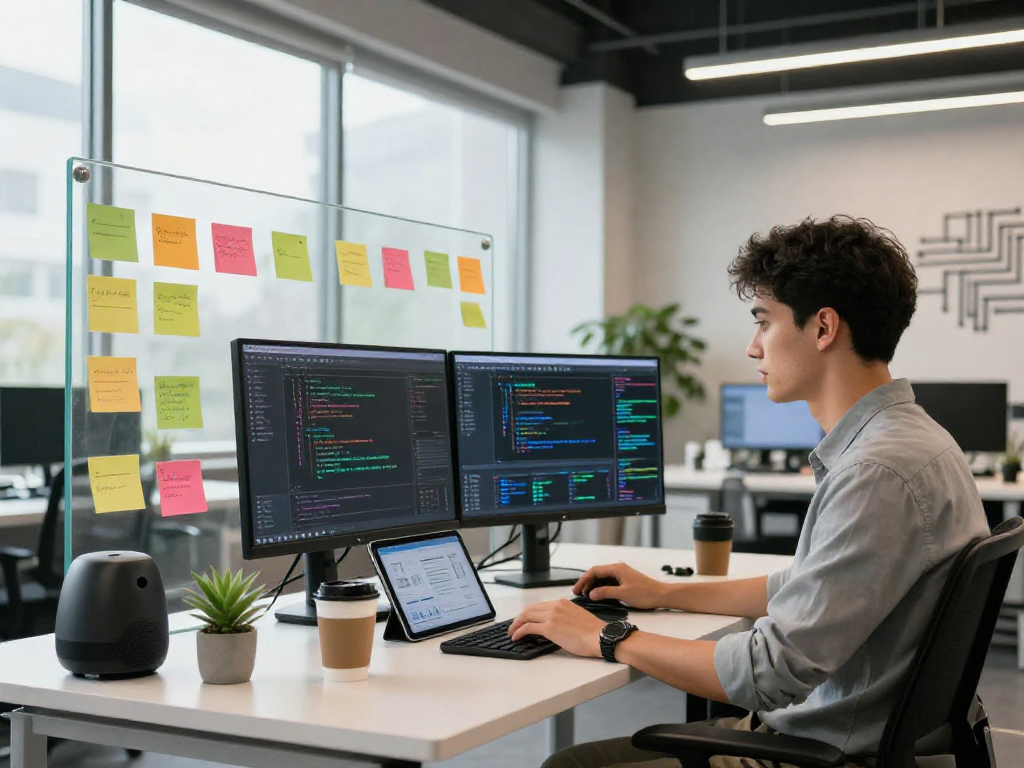 Dynamic workspace showcasing ai gf programming environment with dual monitors, coding tools, and creative elements.