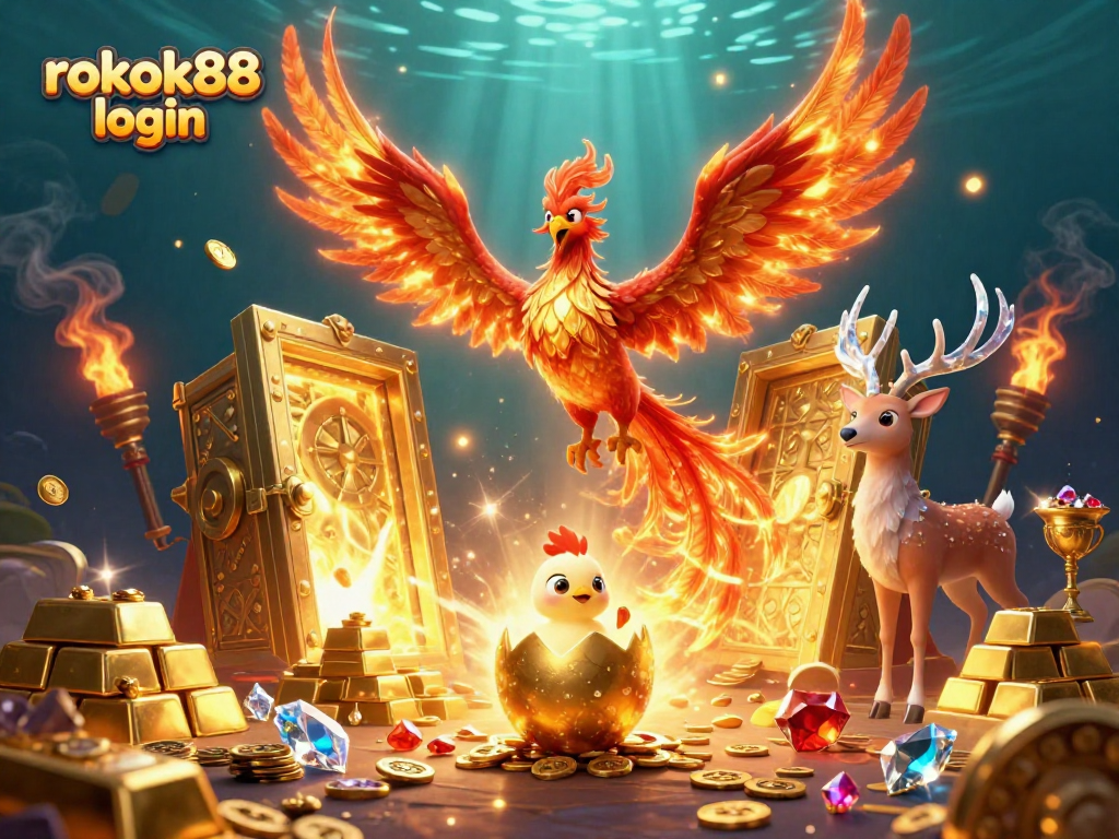 Experience rokok88 login with exciting gaming adventures featuring a soaring phoenix and mystical stag.