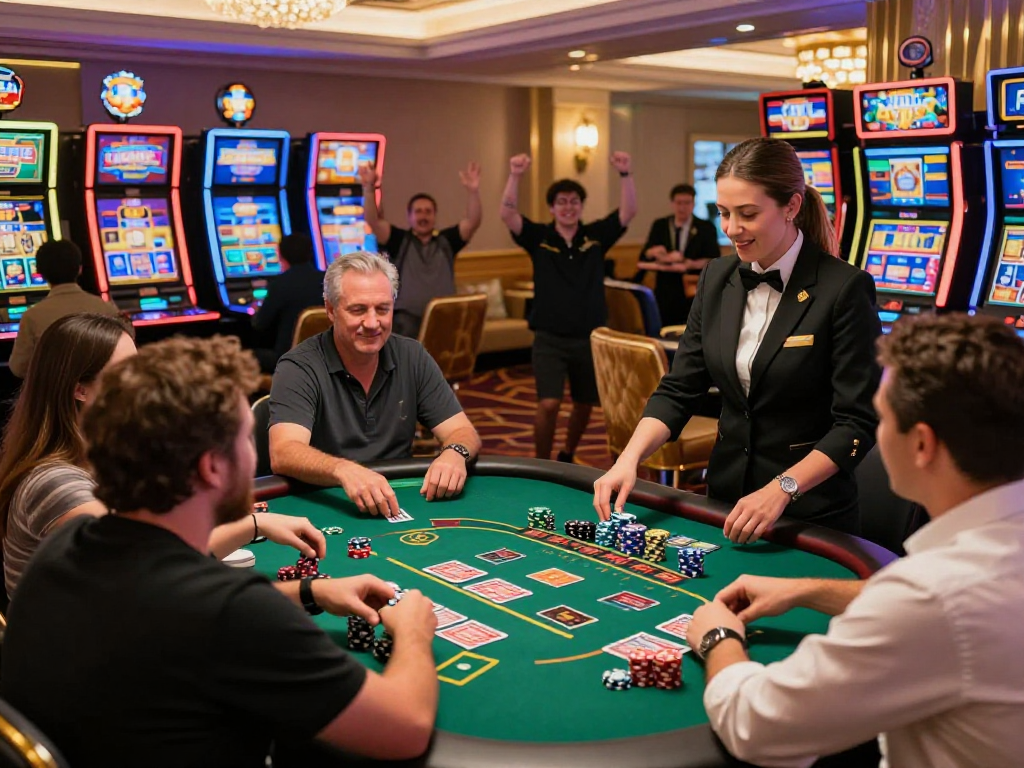 Engaging gaming experience at credit card casinos with players at a blackjack table and lively atmosphere.
