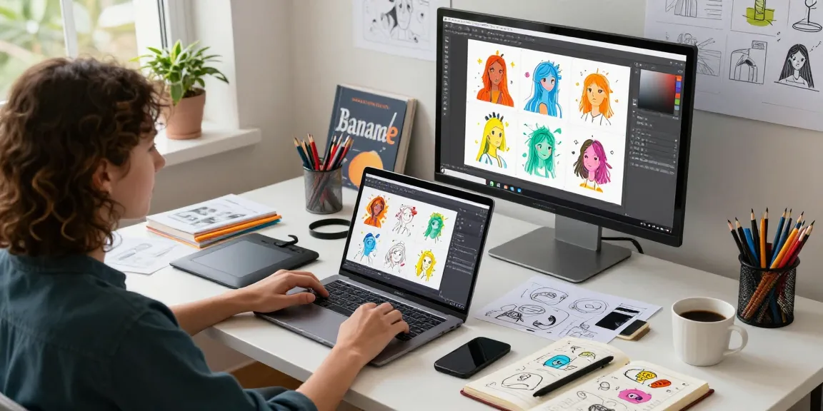 Digital artist using nano banana 2 for creative image editing in a vibrant workspace.