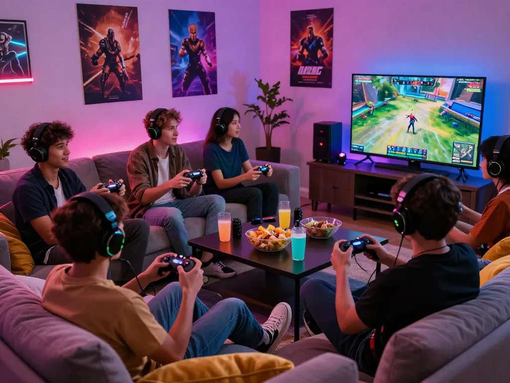 Friends playing games together in a vibrant setting at home, showcasing rokok88 gaming culture.