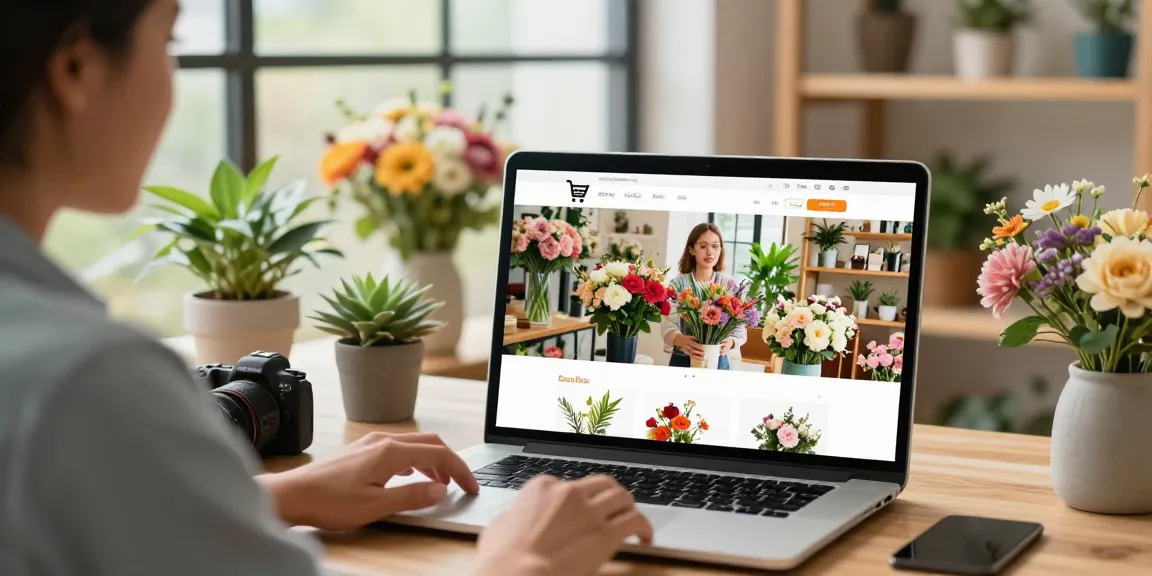 A vibrant online flower shop with MODALWD floral arrangements, a customer enjoying a seamless shopping experience.