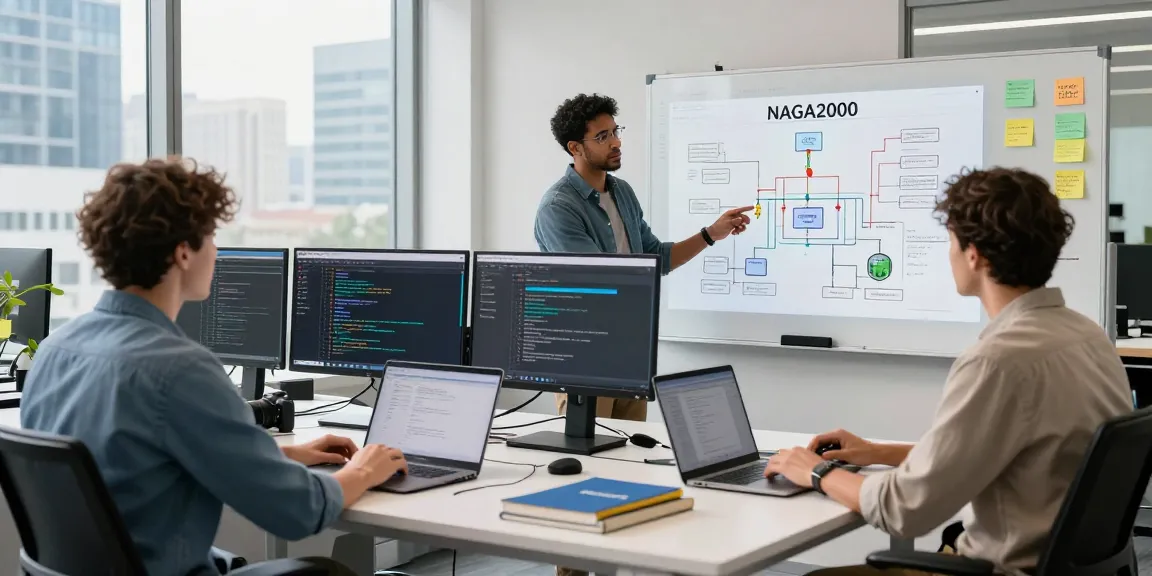 Team collaborating on NAGA2000 project in a modern tech office