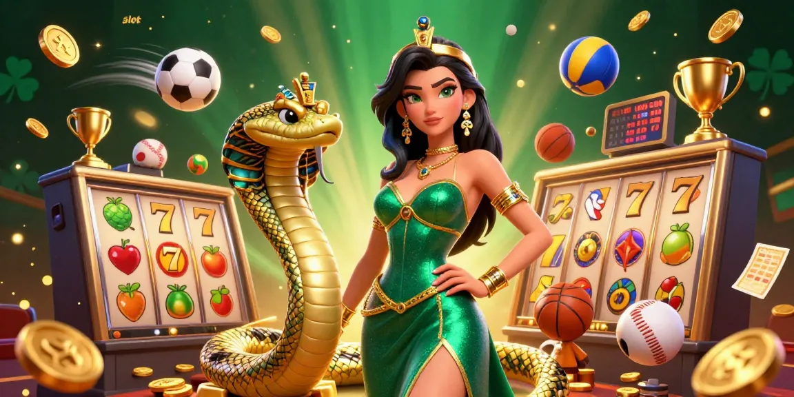 Experience immersive slot gaming action with a stunning 3D woman and golden cobra in a casino-themed scene.