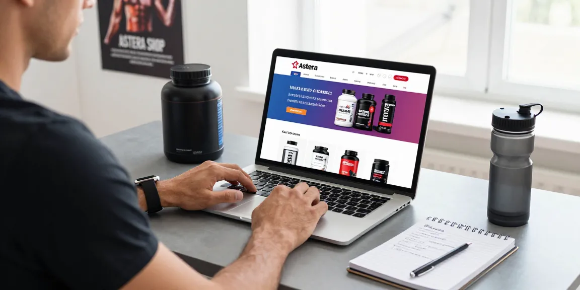 Browsing the Astera Shop for lab-tested steroids with a fitness enthusiast in a modern workspace.