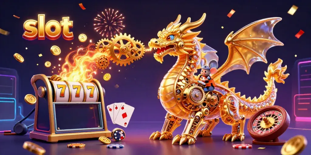 Engage in exciting slot action with a golden dragon and dynamic game elements.