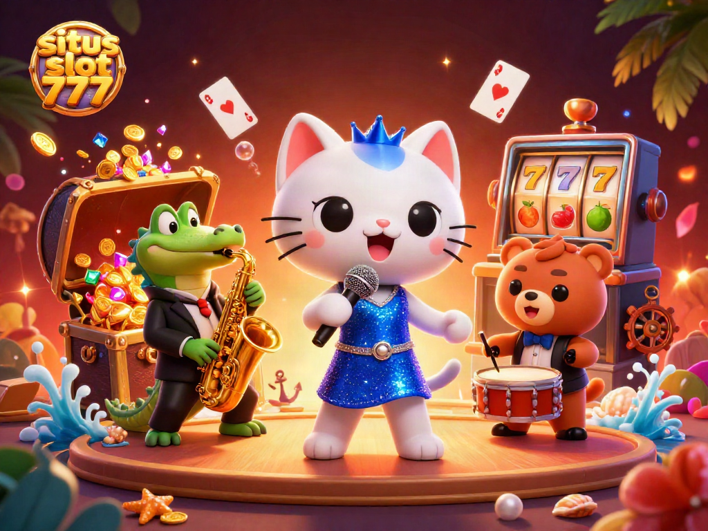 Engage in the adventure of situs slot 777 with a lively jazz-singer cat and vibrant casino elements.