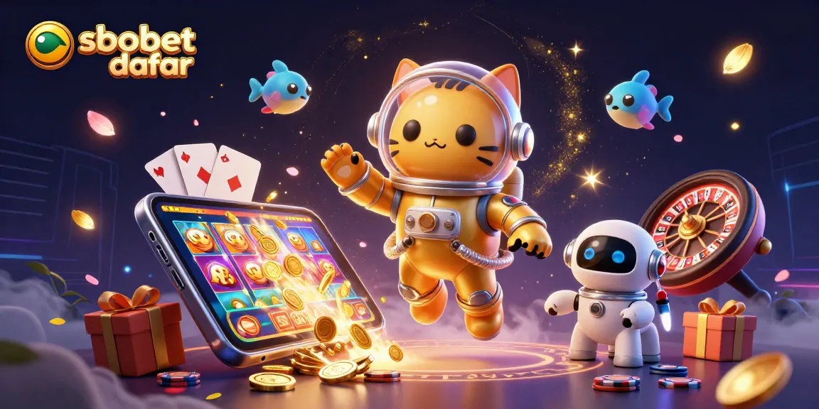 SBOBET daftar: A thrilling casino scene featuring a space cat and robot dog in a vibrant cosmic setting.