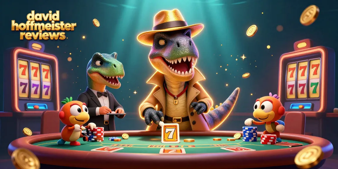 Betting scene showcasing david hoffmeister reviews with a quirky velociraptor card counter and vibrant casino elements.