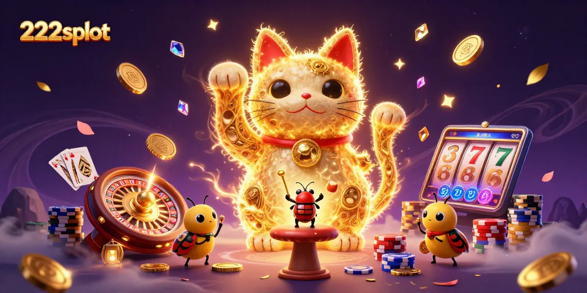 Mainkan slot gacor di 222slot dengan ilustrasi kucing keberuntungan dan simbol kasino berkilauan.