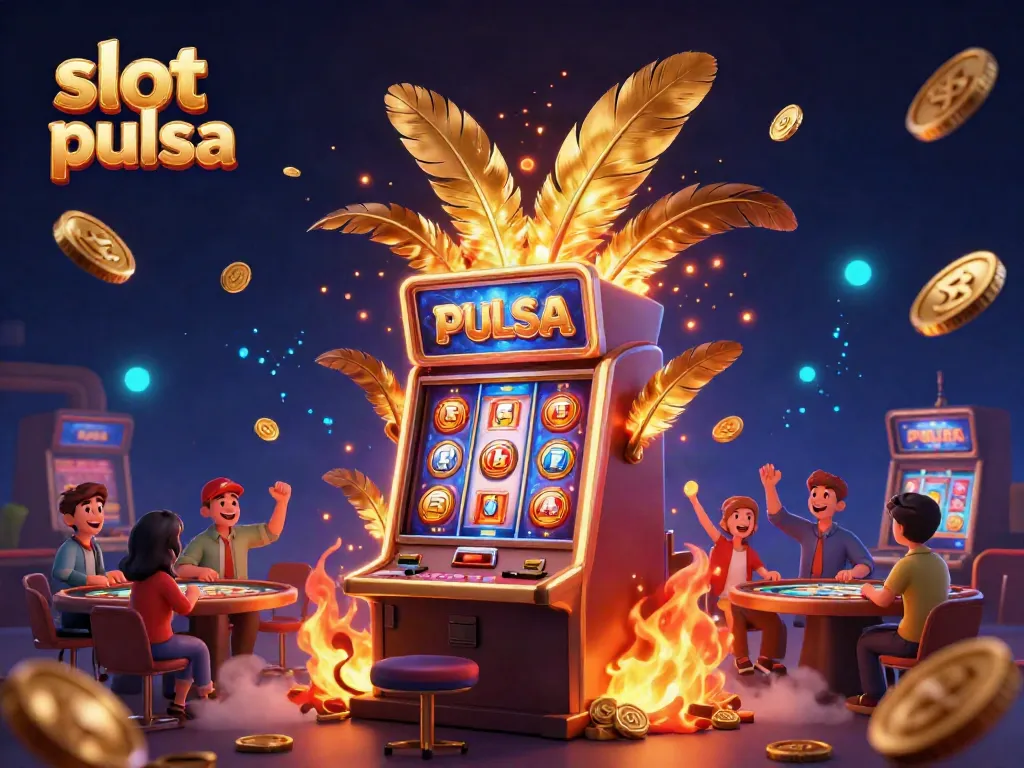 Menang besar dengan slot pulsa dalam suasana kasino yang meriah dan penuh warna.