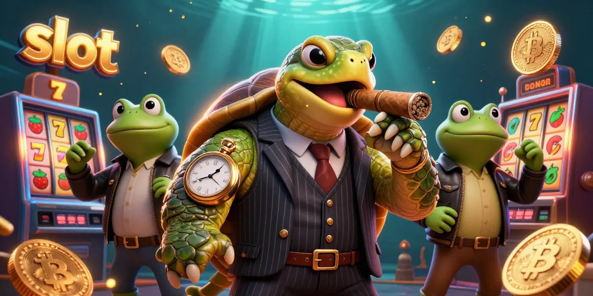 Spin the slots with a snapping turtle mobster surrounded by jackpot counters and neon coins.
