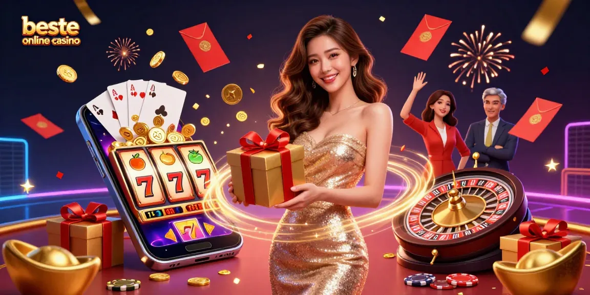Experience the festive excitement of beste online casino with 3D illustrations showcasing games, gold coins, and winning moments.