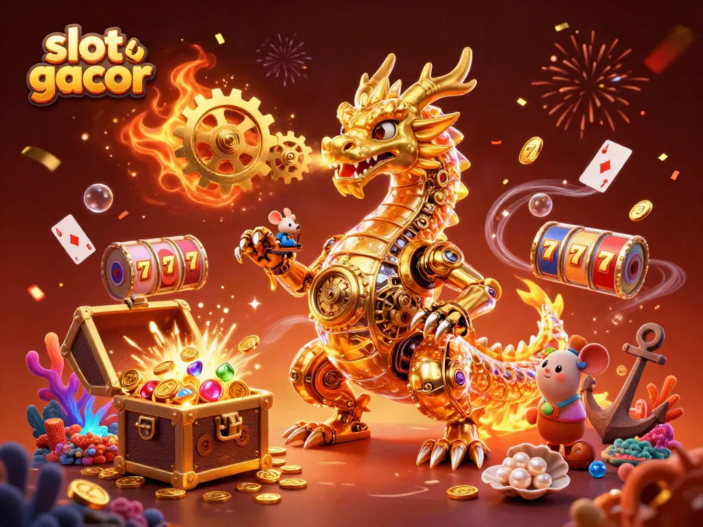 Experience exciting slot gacor action with a vibrant scene featuring a golden dragon and colorful casino elements.