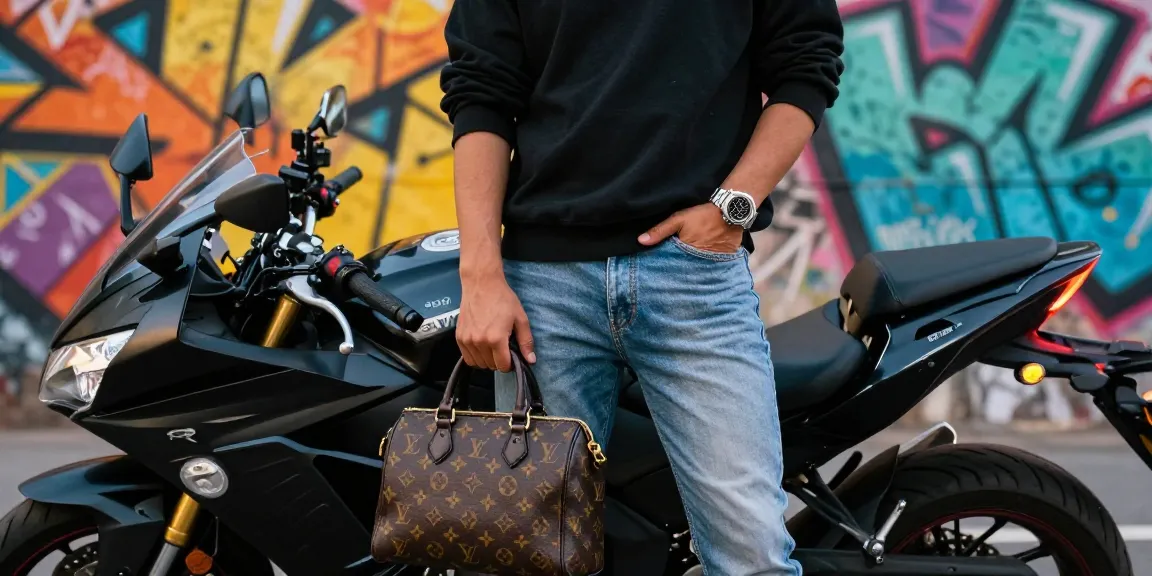 Fashionable individual showcasing a luxury replica watch in a vibrant urban setting.